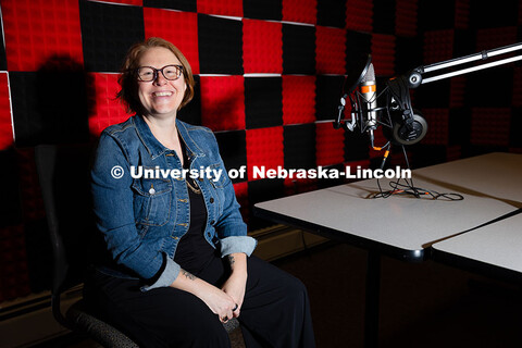Kelli Boling, Assistant Professor of Advertising and Public Relations, in the podcast studio in Ande