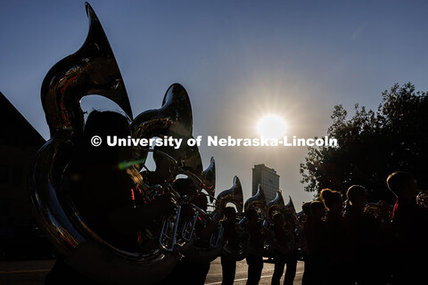 Members of the Cornhusker Marching Band warm up before the parade. 2025 Homecoming Parade. October 3