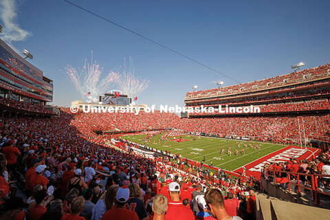A wide shot of the beginning of the football game. Nebraska vs Michigan State football game. October