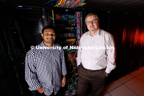 Naafis Shahed (left), graduate student in Physics and Astronomy, stands alongside Evgeny Tsymbal, Ge