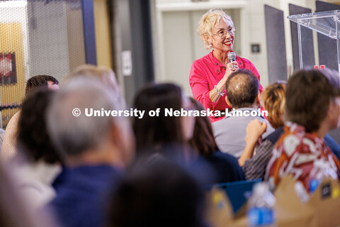 Megan Elliott, Johnny Carson Endowed Director in Emerging Media Arts, speaks to the audience. Johnny