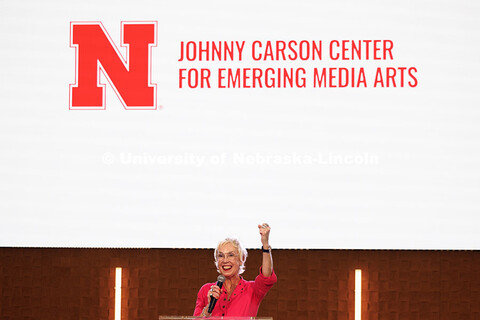 Megan Elliott, Johnny Carson Endowed Director in Emerging Media Arts, speaks to the audience. Johnny