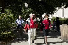 UNL alumnus Warren Buffett talks with Microsoft Corp. founder Bill Gates outside the Lied Center for