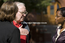 UNL alumnus Warren Buffett talks with Microsoft Corp. founder Bill Gates outside the Lied Center for