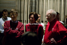 UNL alumnus Warren Buffett talks with Microsoft Corp. founder Bill Gates outside the Lied Center for