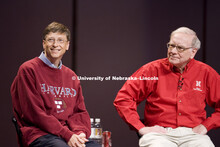 UNL alumnus Warren Buffett talks with Microsoft Corp. founder Bill Gates outside the Lied Center for