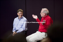 UNL alumnus Warren Buffett talks with Microsoft Corp. founder Bill Gates outside the Lied Center for