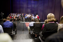 UNL alumnus Warren Buffett talks with Microsoft Corp. founder Bill Gates outside the Lied Center for