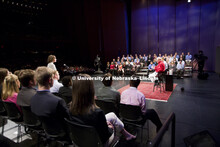 UNL alumnus Warren Buffett talks with Microsoft Corp. founder Bill Gates outside the Lied Center for