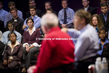 UNL alumnus Warren Buffett talks with Microsoft Corp. founder Bill Gates outside the Lied Center for