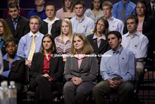 UNL alumnus Warren Buffett talks with Microsoft Corp. founder Bill Gates outside the Lied Center for