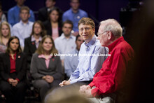 UNL alumnus Warren Buffett talks with Microsoft Corp. founder Bill Gates outside the Lied Center for