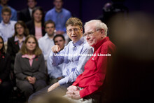 UNL alumnus Warren Buffett talks with Microsoft Corp. founder Bill Gates outside the Lied Center for