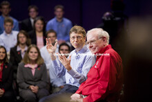 UNL alumnus Warren Buffett talks with Microsoft Corp. founder Bill Gates outside the Lied Center for