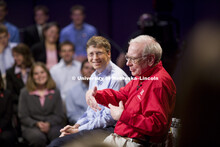 UNL alumnus Warren Buffett talks with Microsoft Corp. founder Bill Gates outside the Lied Center for