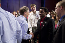 UNL alumnus Warren Buffett talks with Microsoft Corp. founder Bill Gates outside the Lied Center for