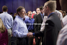 UNL alumnus Warren Buffett talks with Microsoft Corp. founder Bill Gates outside the Lied Center for