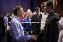 UNL alumnus Warren Buffett talks with Microsoft Corp. founder Bill Gates outside the Lied Center for