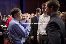 UNL alumnus Warren Buffett talks with Microsoft Corp. founder Bill Gates outside the Lied Center for