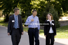 UNL alumnus Warren Buffett talks with Microsoft Corp. founder Bill Gates outside the Lied Center for