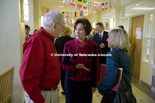 UNL alumnus Warren Buffett talks with Microsoft Corp. founder Bill Gates outside the Lied Center for