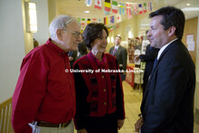 UNL alumnus Warren Buffett talks with Microsoft Corp. founder Bill Gates outside the Lied Center for