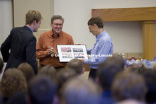 UNL alumnus Warren Buffett talks with Microsoft Corp. founder Bill Gates outside the Lied Center for