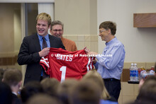 UNL alumnus Warren Buffett talks with Microsoft Corp. founder Bill Gates outside the Lied Center for