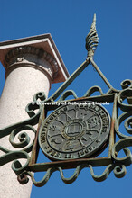 Campus Beauty, Columns on City Campus with close-up of seal from iron gate, 080829, 