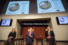 Ronnie Green moderates a talk with Clayton V. Yeutter, Former U.S. Trade Representative and U.S. Sec