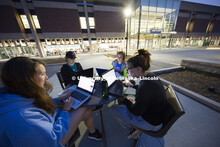 On nice evenings, the studying spills out to the new plaza. Mary Benes, Kelsey Rouse, Christina Coon