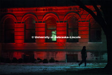 Entomology Hall lit up red during Glow Big Red. Glow Big Red bathes the campuses with red lights as 