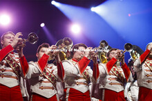 The Cornhusker Marching Band filled the stage and the aisles to perform Hail Varsity and Dear Old Ne