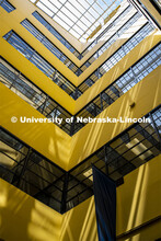 Interior view of the Atrium Building in downtown Lincoln, Nebraska. Library Innovation Studios train