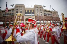 Cornhusker Marching Band parades past Memorial Stadium. Cornstock celebration and Homecoming Parade.