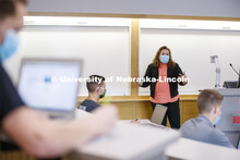 Kelli Saunders teaches her accounting 831 course in Hawks Hall. September 14, 2020. 