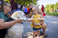 Elsie Koehn makes a friend as she and her mom, Lindsay, meet Louie and her owner, Abby Clutter, with