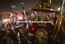 The Cornhusker Marching Band gets revved up to run out on the field before the Nebraska vs. Buffalo 