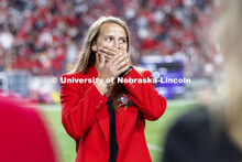 Leigh Jahnke of West Point reacts after being named homecoming royalty at the University of Nebraska