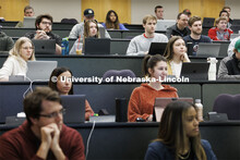 Students listening to a lecture in McCollum Hall. College of Law photo shoot. April 20, 2022. 