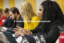 Students listening to a lecture in McCollum Hall. College of Law photo shoot. April 20, 2022. 
