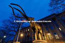 A low angle view of Archie outside of Morrill Hall. Glow Big Red. February 15, 2023. 