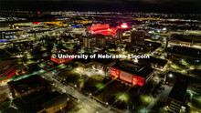 Aerial view of City Campus lit up for Glow Big Red. February 15, 2023. 