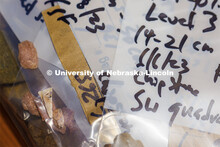 Shards recovered from the dig site are bagged and tagged in the lab area. LuAnn Wandsnider is leadin