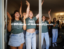 Pi Beta Phi members yells out cheers to the first-year students rushing. Sorority Recruitment. Augus