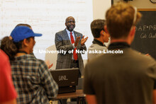 Chancellor Rodney Bennett applauds the band. Cornhusker Marching Band practice. August 17, 2023. 