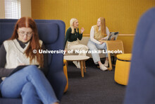 Madalyn Schoneman, center, and Alexis Tenorio look over work on the laptop as Sarah Danahy studies i