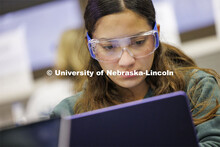 Kimberly Zamora Mendez reads the experiment notes on her laptop. LIFE 120L - Fundamentals of Biology