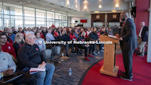 Chancellor Rodney D. Bennett (at podium) addresses Athletics staff during a meeting at Memorial Stad