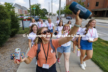 Rho Gamma Jenna Stein pumps out the dance play list as she leads her group of sorority recruitment m